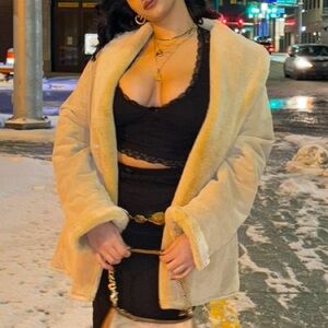 Women’s Leather Cream Plush Faux Fur Coat - Cozy Winter Jacket